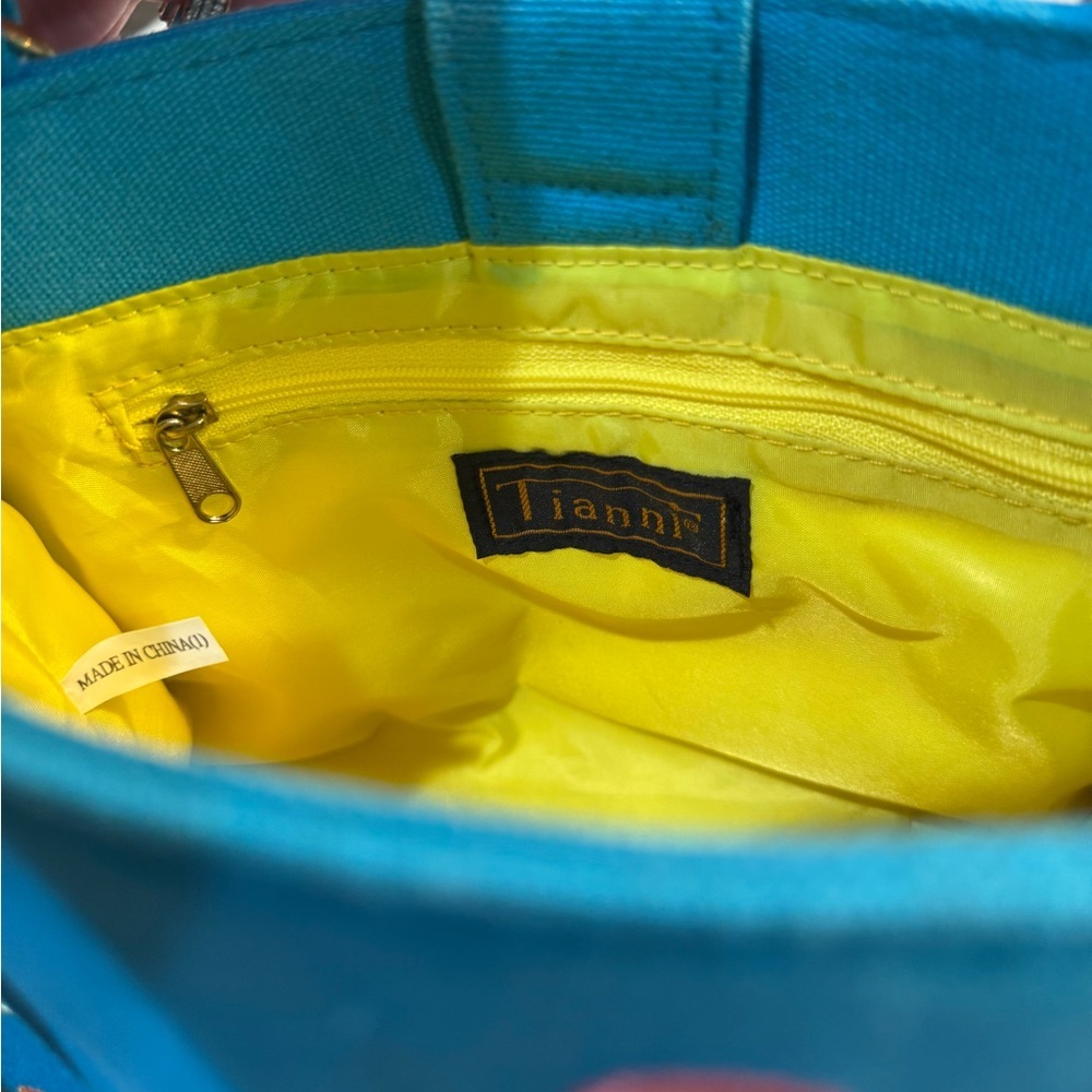 Tianni Bamboo Handle Vibrant Blue and Yellow Tote with Playful Design - Picture 8 of 10